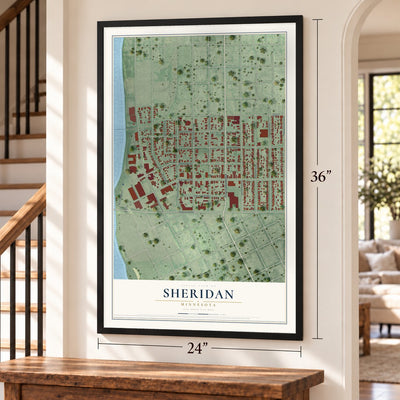 Sheridan, Minnesota map, 24 x 36 inch print in a black frame by a staircase