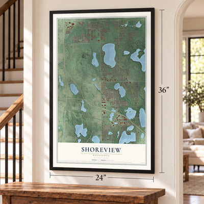 Shoreview, Minnesota map, 24 x 36 inch print in a black frame by a staircase