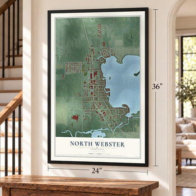 North Webster, Indiana map, 24 x 36 inch print in a black frame by a staircase
