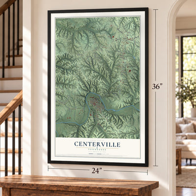 Centerville, Tennessee map, 24 x 36 inch print in a black frame by a staircase
