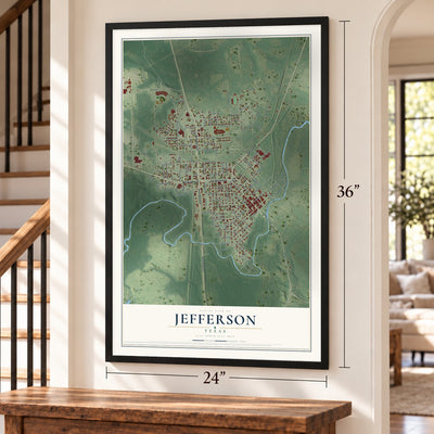 Jefferson, Texas map, 24 x 36 inch print in a black frame by a staircase