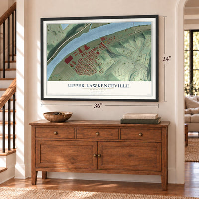 Upper Lawrenceville, Pennsylvania map, 24 x 36 inch print in a black frame above a dresser by a staircase
