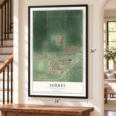Surrey, North Dakota map, 24 x 36 inch print in a black frame by a staircase