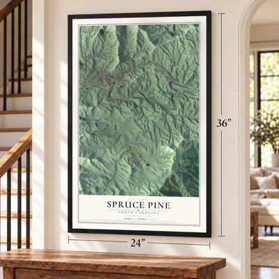 Spruce Pine, North Carolina map, 24 x 36 inch print in a black frame by a staircase
