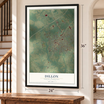 Dillon, South Carolina map, 24 x 36 inch print in a black frame by a staircase
