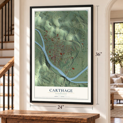 Carthage, Tennessee map, 24 x 36 inch print in a black frame by a staircase