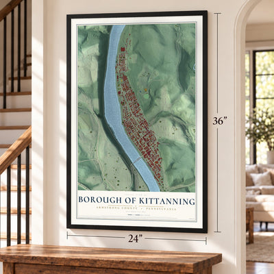 Borough of Kittanning, Armstrong County, Pennsylvania map, 24 x 36 inch print in a black frame by a staircase