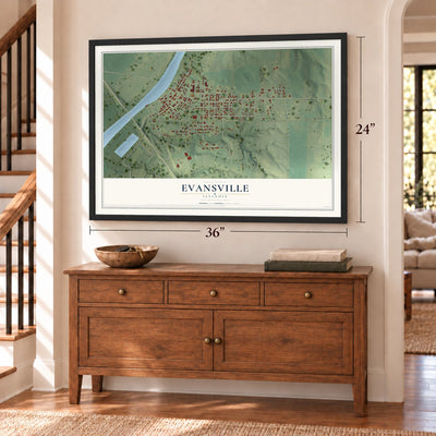 Evansville, Illinois map, 24 x 36 inch print in a black frame above a dresser by a staircase