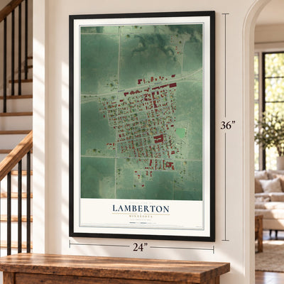 Lamberton, Minnesota map, 24 x 36 inch print in a black frame by a staircase