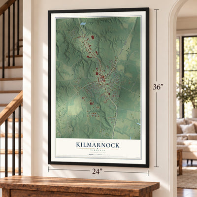 Kilmarnock, Virginia map, 24 x 36 inch print in a black frame by a staircase