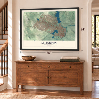 Arlington, Massachusetts map, 24 x 36 inch print in a black frame above a dresser by a staircase