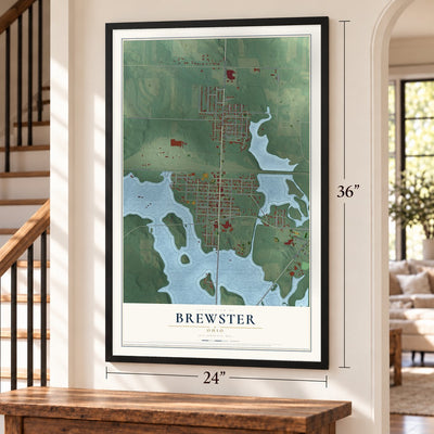 Brewster, Ohio map, 24 x 36 inch print in a black frame by a staircase