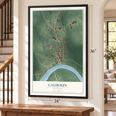 Calhoun, Kentucky map, 24 x 36 inch print in a black frame by a staircase