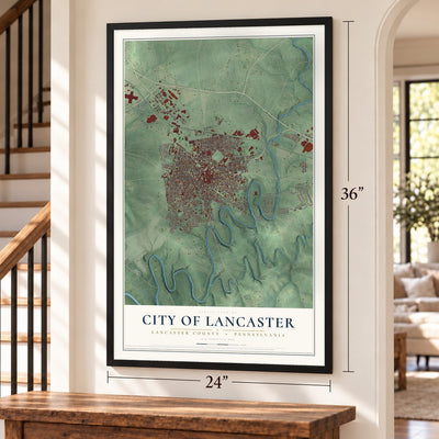City of Lancaster, Lancaster County, Pennsylvania map, 24 x 36 inch print in a black frame by a staircase