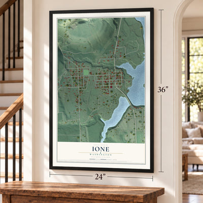 Ione, Washington map, 24 x 36 inch print in a black frame by a staircase