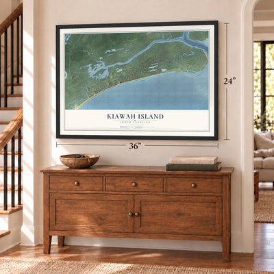 Kiawah Island, South Carolina map, 24 x 36 inch print in a black frame above a dresser by a staircase