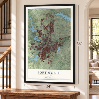 Fort Worth, Texas map, 24 x 36 inch print in a black frame by a staircase
