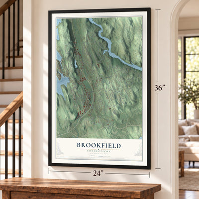 Brookfield, Connecticut map, 24 x 36 inch print in a black frame by a staircase