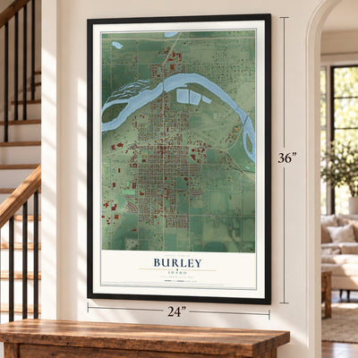 Burley, Idaho map, 24 x 36 inch print in a black frame by a staircase
