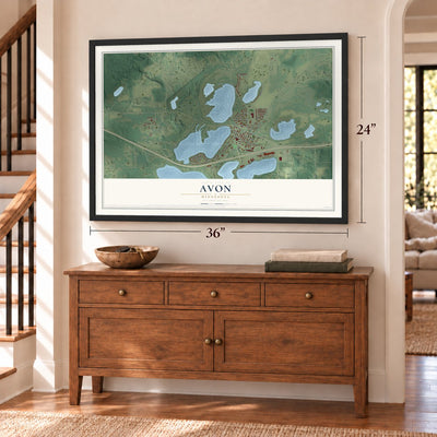 Avon, Minnesota map, 24 x 36 inch print in a black frame above a dresser by a staircase