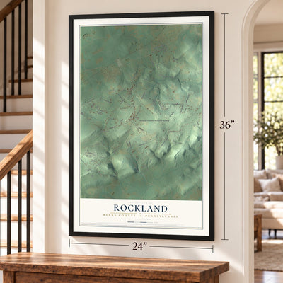 Rockland, Berks County, Pennsylvania map, 24 x 36 inch print in a black frame by a staircase
