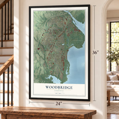Woodbridge, Virginia map, 24 x 36 inch print in a black frame by a staircase