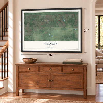 Granger, Indiana map, 24 x 36 inch print in a black frame above a dresser by a staircase