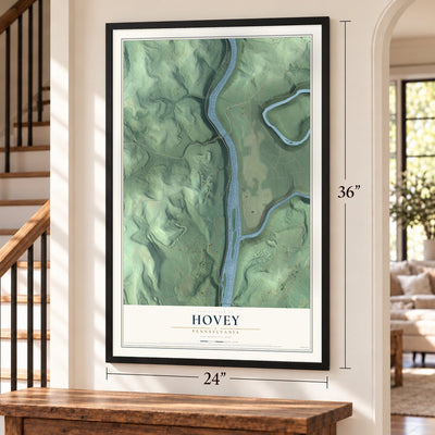 Hovey, Pennsylvania map, 24 x 36 inch print in a black frame by a staircase