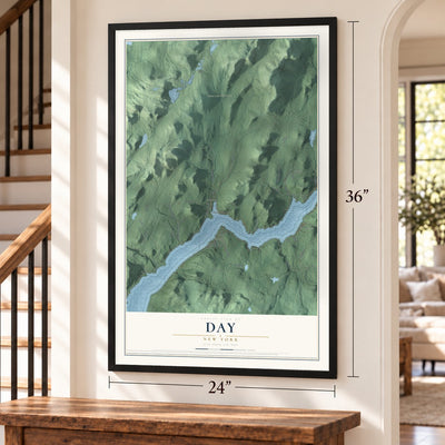 Day, New York map, 24 x 36 inch print in a black frame by a staircase