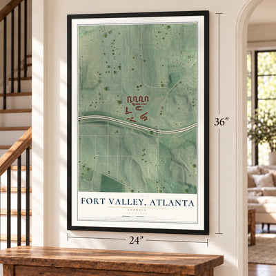 Fort Valley (Atlanta), Georgia map, 24 x 36 inch print in a black frame by a staircase