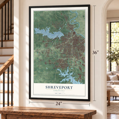 Shreveport, Louisiana map, 24 x 36 inch print in a black frame by a staircase