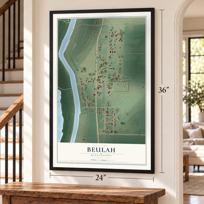 Beulah, Mississippi map, 24 x 36 inch print in a black frame by a staircase
