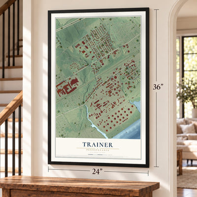 Trainer, Pennsylvania map, 24 x 36 inch print in a black frame by a staircase