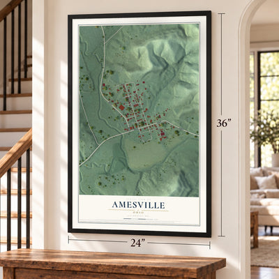 Amesville, Ohio map, 24 x 36 inch print in a black frame by a staircase
