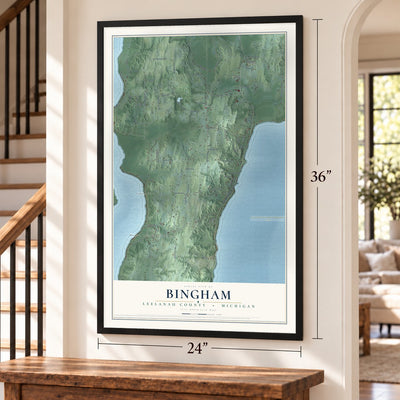 Bingham, Leelanau County, Michigan map, 24 x 36 inch print in a black frame by a staircase