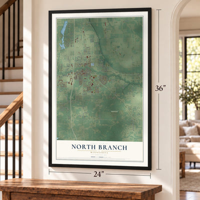 North Branch, Minnesota map, 24 x 36 inch print in a black frame by a staircase