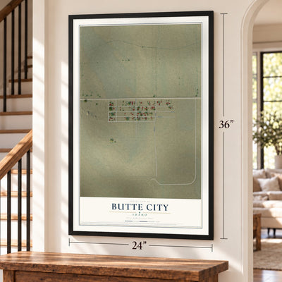 Butte City, Idaho map, 24 x 36 inch print in a black frame by a staircase