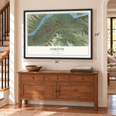 Forsyth, Montana map, 24 x 36 inch print in a black frame above a dresser by a staircase