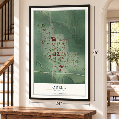 Odell, Nebraska map, 24 x 36 inch print in a black frame by a staircase