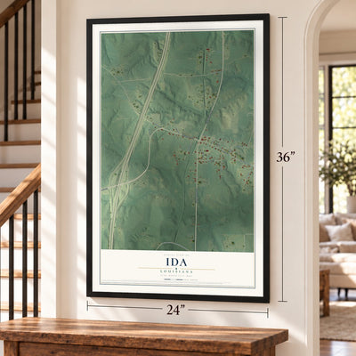 Ida, Louisiana map, 24 x 36 inch print in a black frame by a staircase