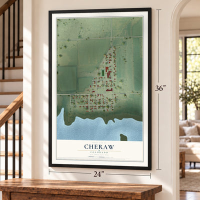 Cheraw, Colorado map, 24 x 36 inch print in a black frame by a staircase