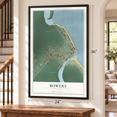 Bowers, Delaware map, 24 x 36 inch print in a black frame by a staircase