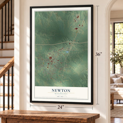 Newton, Mississippi map, 24 x 36 inch print in a black frame by a staircase
