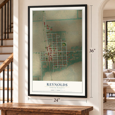 Reynolds, North Dakota map, 24 x 36 inch print in a black frame by a staircase