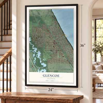 Glencoe, Illinois map, 24 x 36 inch print in a black frame by a staircase