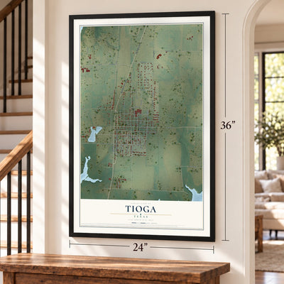 Tioga, Texas map, 24 x 36 inch print in a black frame by a staircase