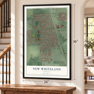New Whiteland, Indiana map, 24 x 36 inch print in a black frame by a staircase