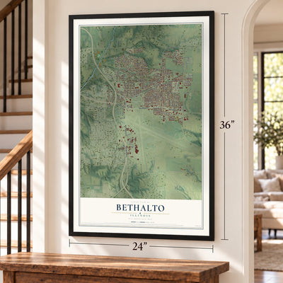 Bethalto, Illinois map, 24 x 36 inch print in a black frame by a staircase