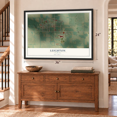 Leighton, Alabama map, 24 x 36 inch print in a black frame above a dresser by a staircase