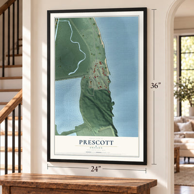 Prescott, Oregon map, 24 x 36 inch print in a black frame by a staircase